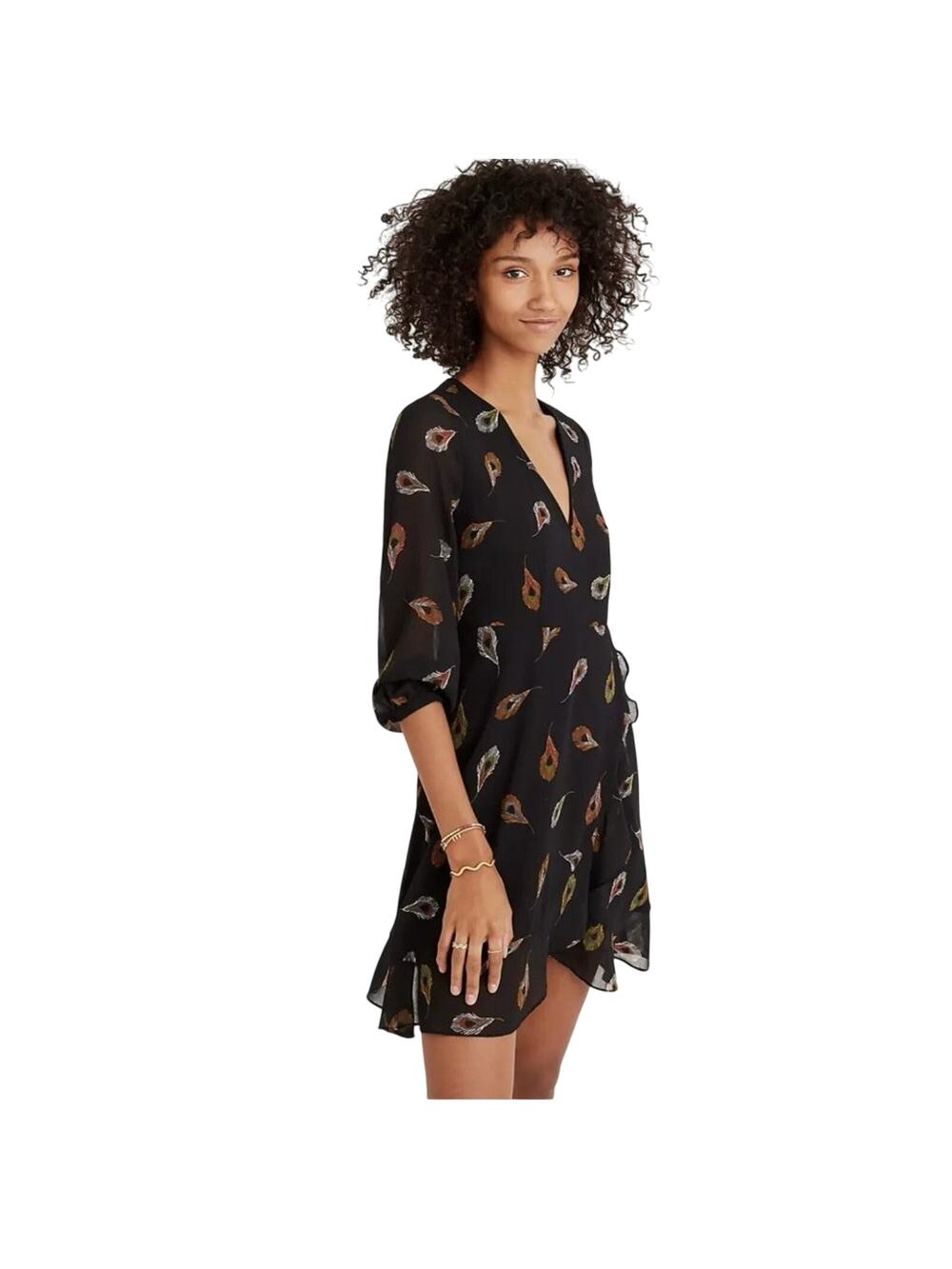 Madewell Long Sleeve Poppy Dress in Peacock Feathers, Black, Women’s 4